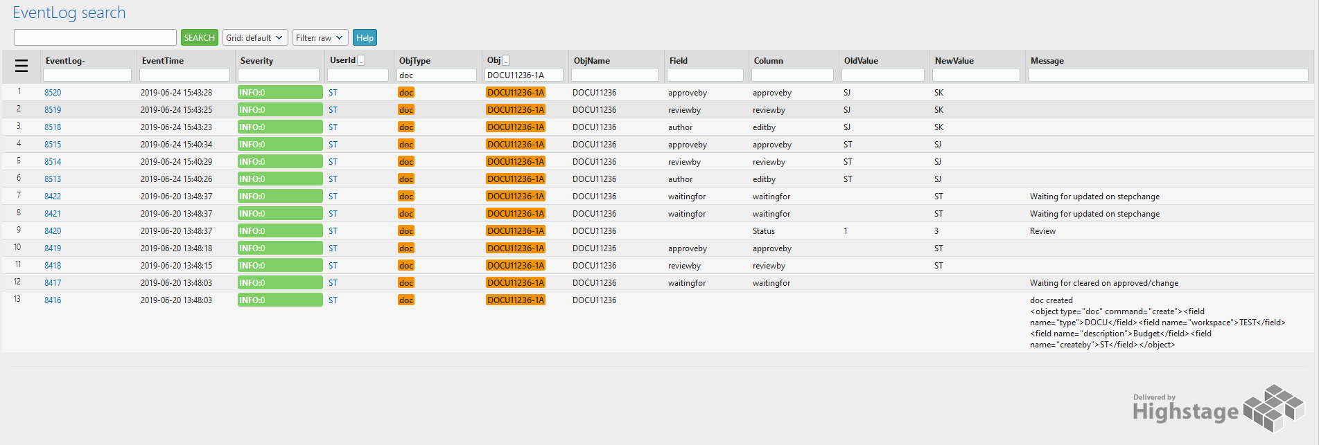 Event log of a Document